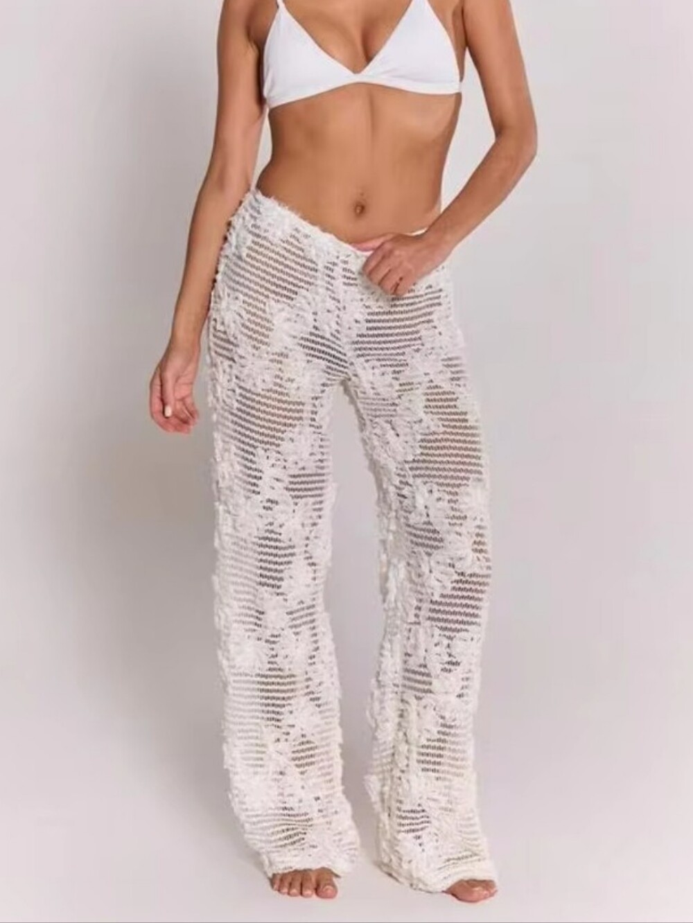 Musera Wide Leg Pants Floral Knit Crochet Boho Beach Cover Up Cream White Tall